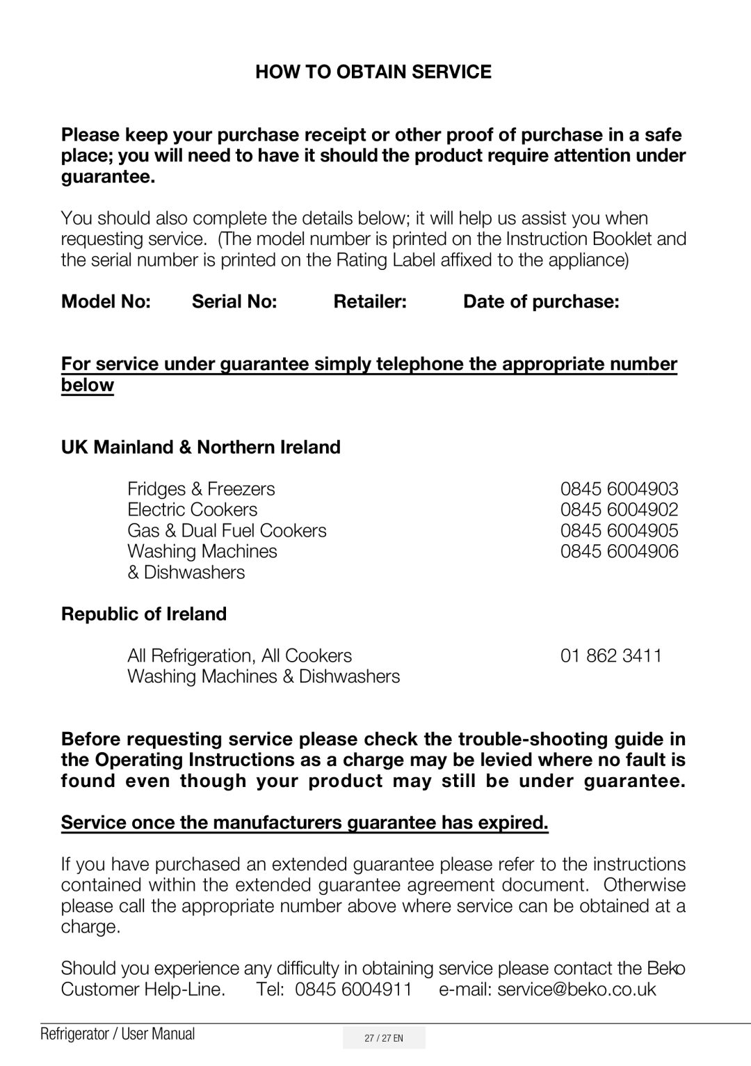 Beko ASL141S How To Obtain Service, Model No Serial No Retailer Date of purchase, below, UK Mainland & Northern Ireland 