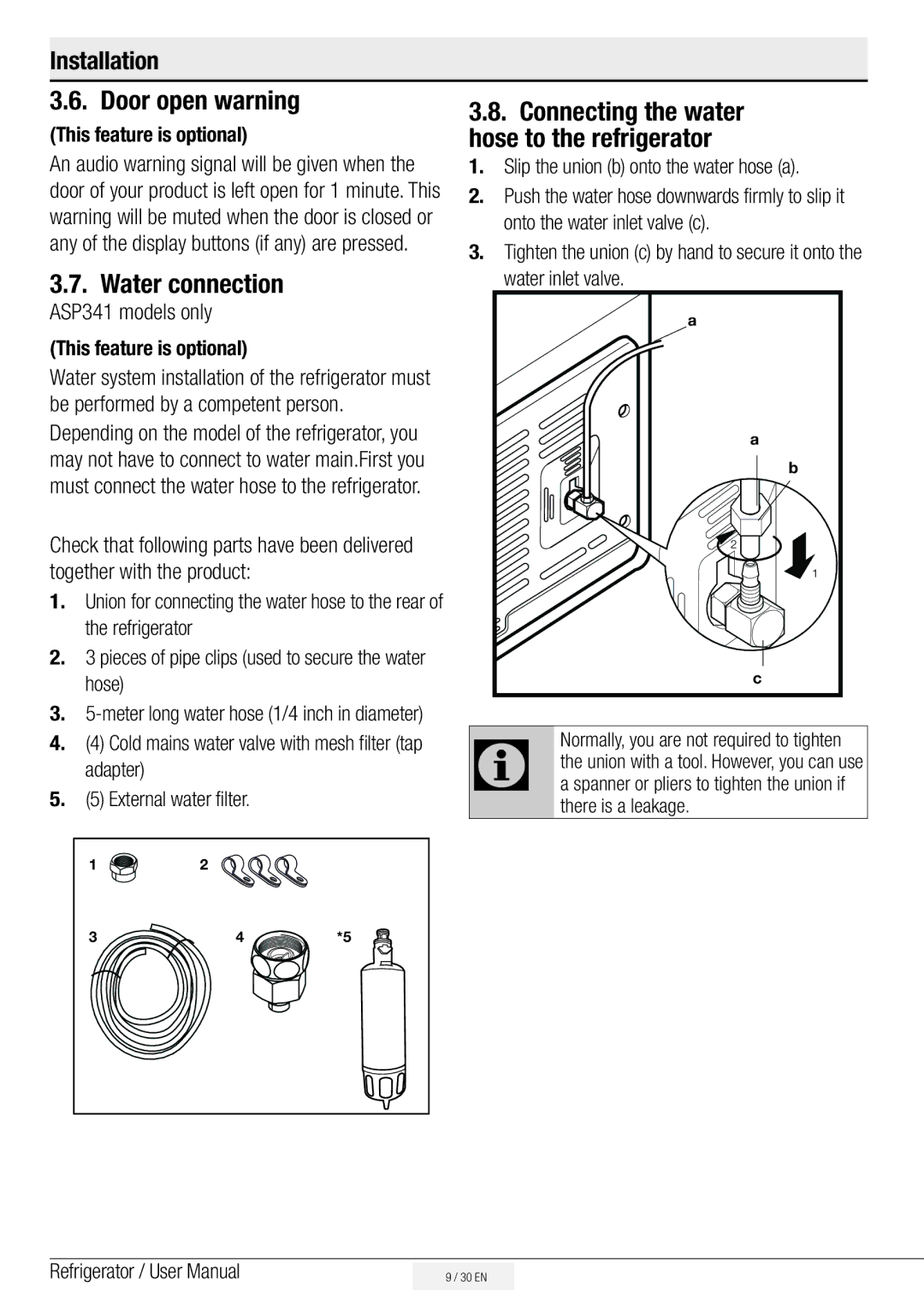 Beko ASN541S, ASN541B, ASP341B, ASN541X Door open warning, Water connection, Connecting the water hose to the refrigerator 