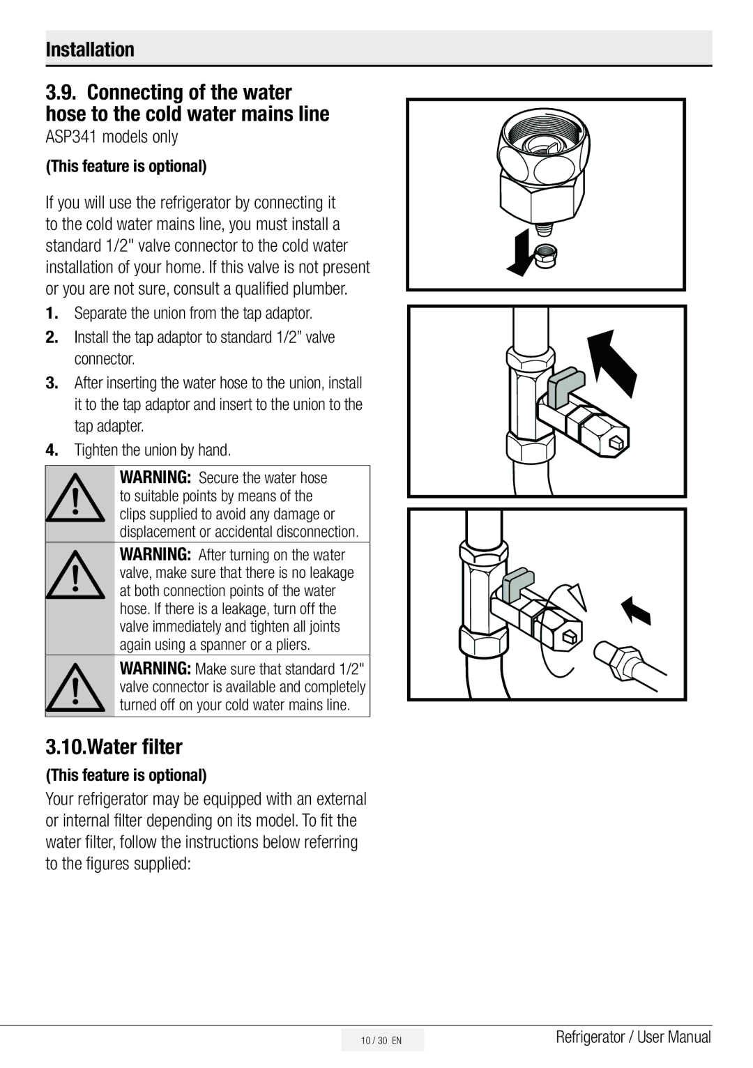 Beko ASN541B, ASN541S, ASP341B, ASN541X, ASP341S manual Water filter, Connecting of the water hose to the cold water mains line 