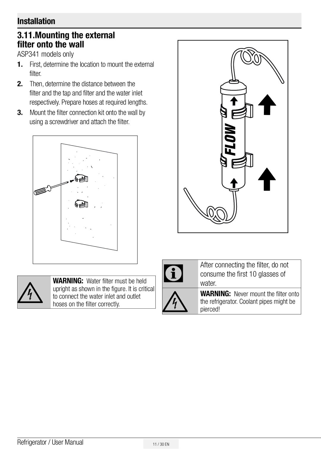 Beko ASP341B, ASN541S, ASN541B, ASN541X, ASP341S manual Installation Mounting the external filter onto the wall 