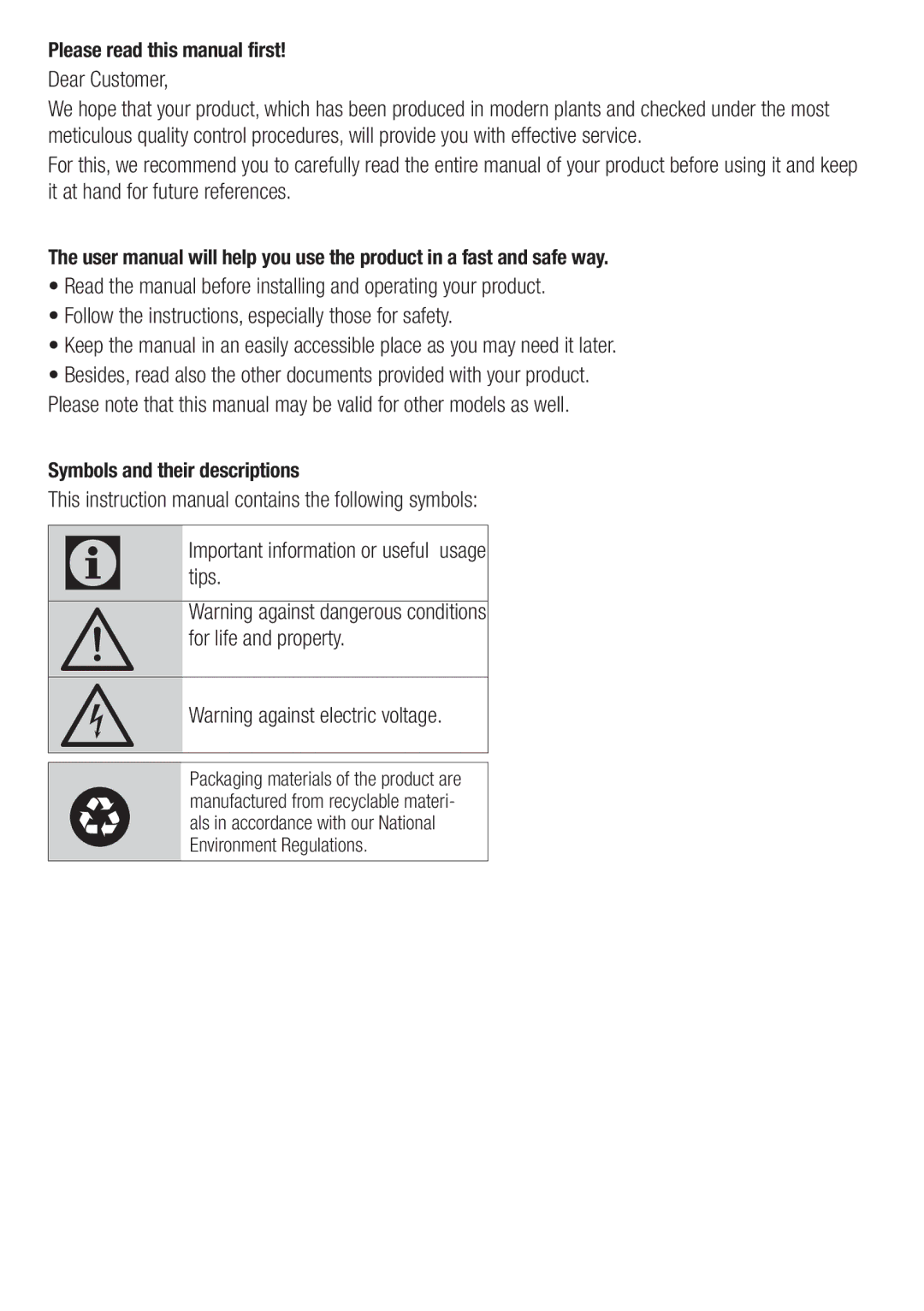 Beko ASP341B, ASN541S, ASN541B, ASN541X, ASP341S Please read this manual first Dear Customer, Tips 