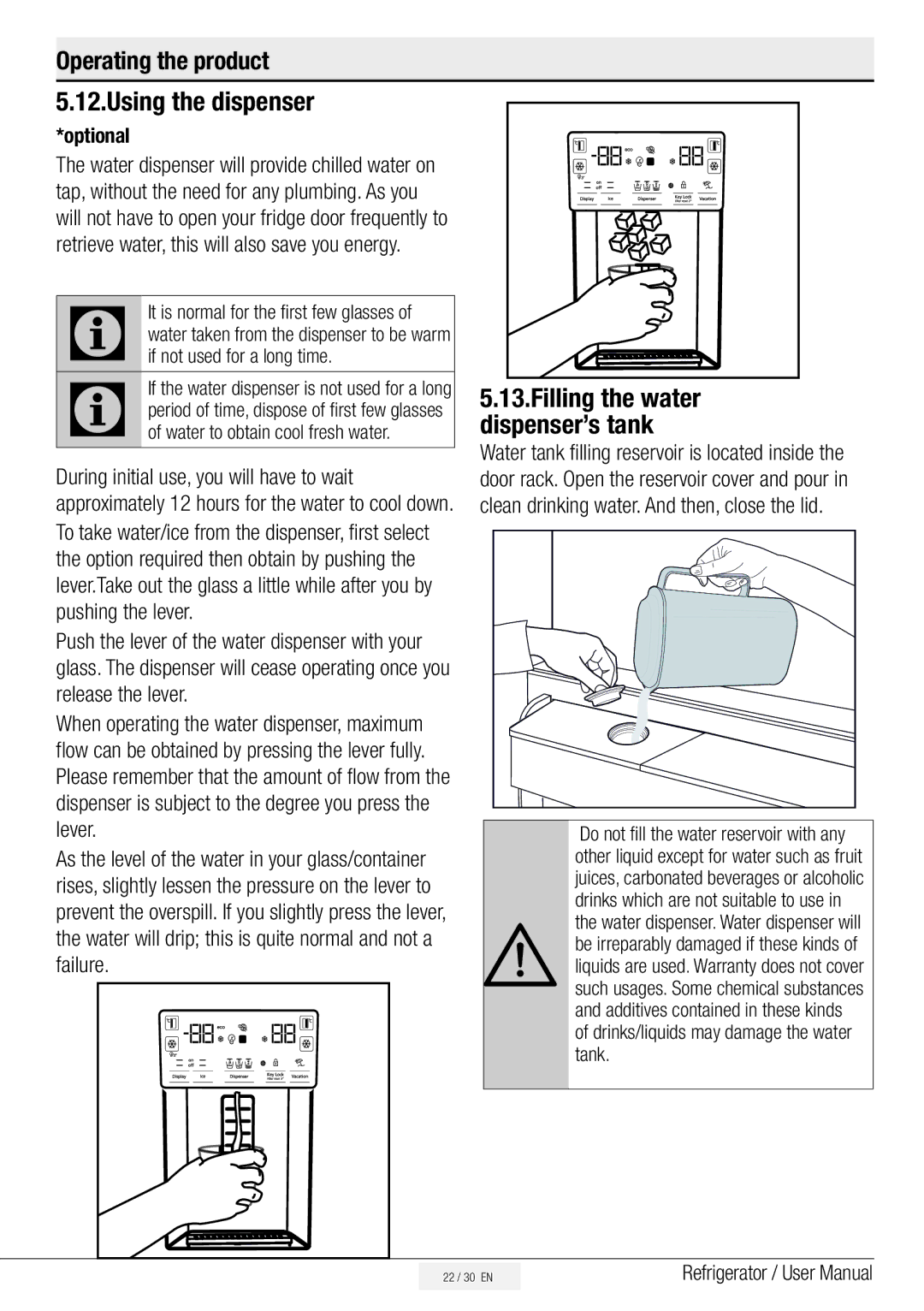 Beko ASN541X, ASN541S, ASN541B, ASP341B, ASP341S manual Using the dispenser, Filling the water dispenser’s tank 