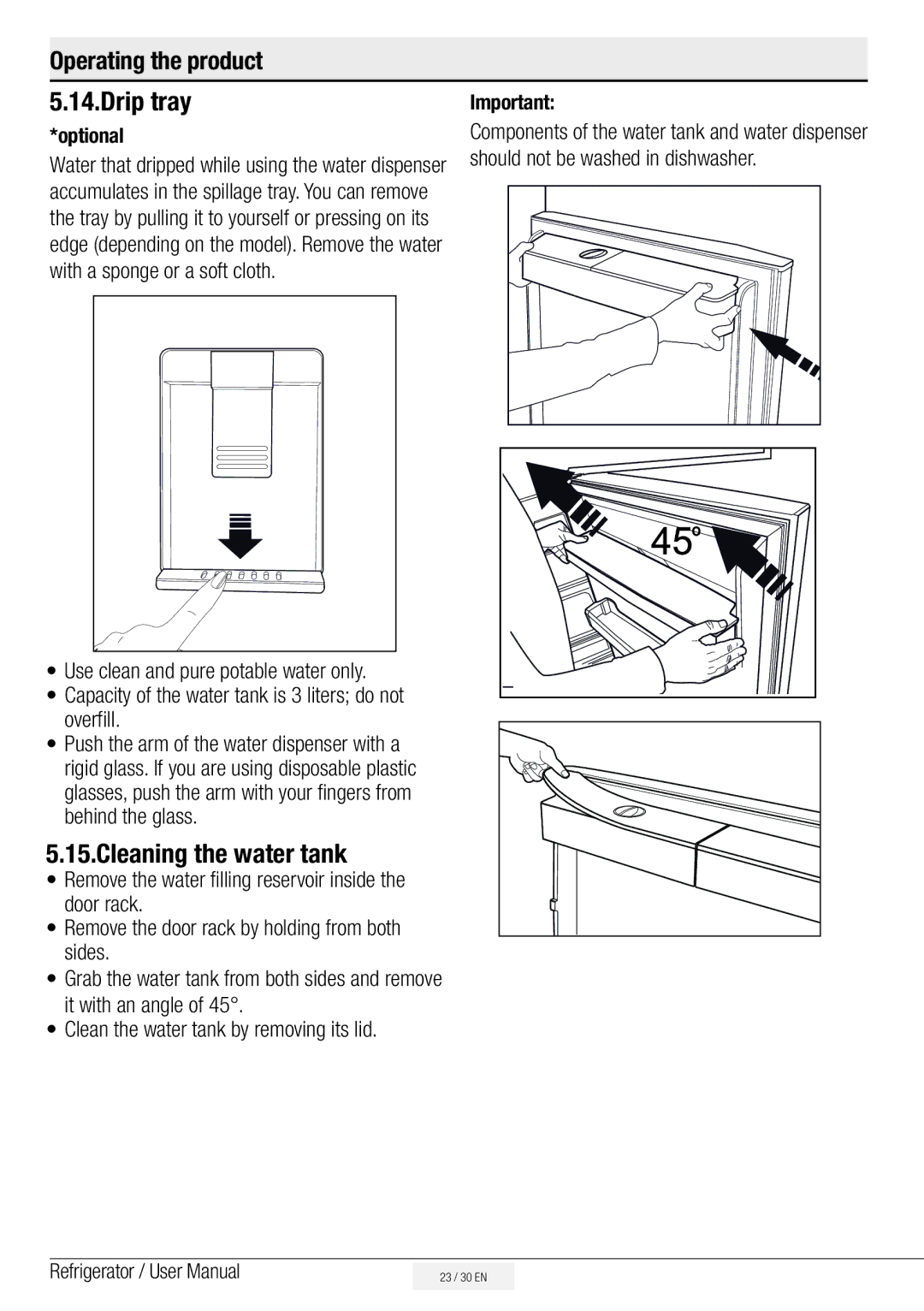 Beko ASP341S, ASN541S, ASN541B, ASP341B, ASN541X manual Drip tray, Cleaning the water tank 