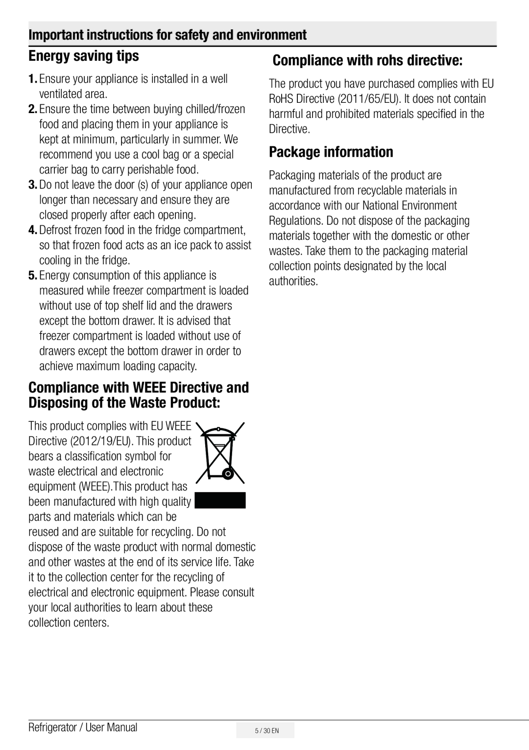 Beko ASN541B, ASN541S, ASP341B, ASN541X, ASP341S manual Energy saving tips, Compliance with rohs directive, Package information 