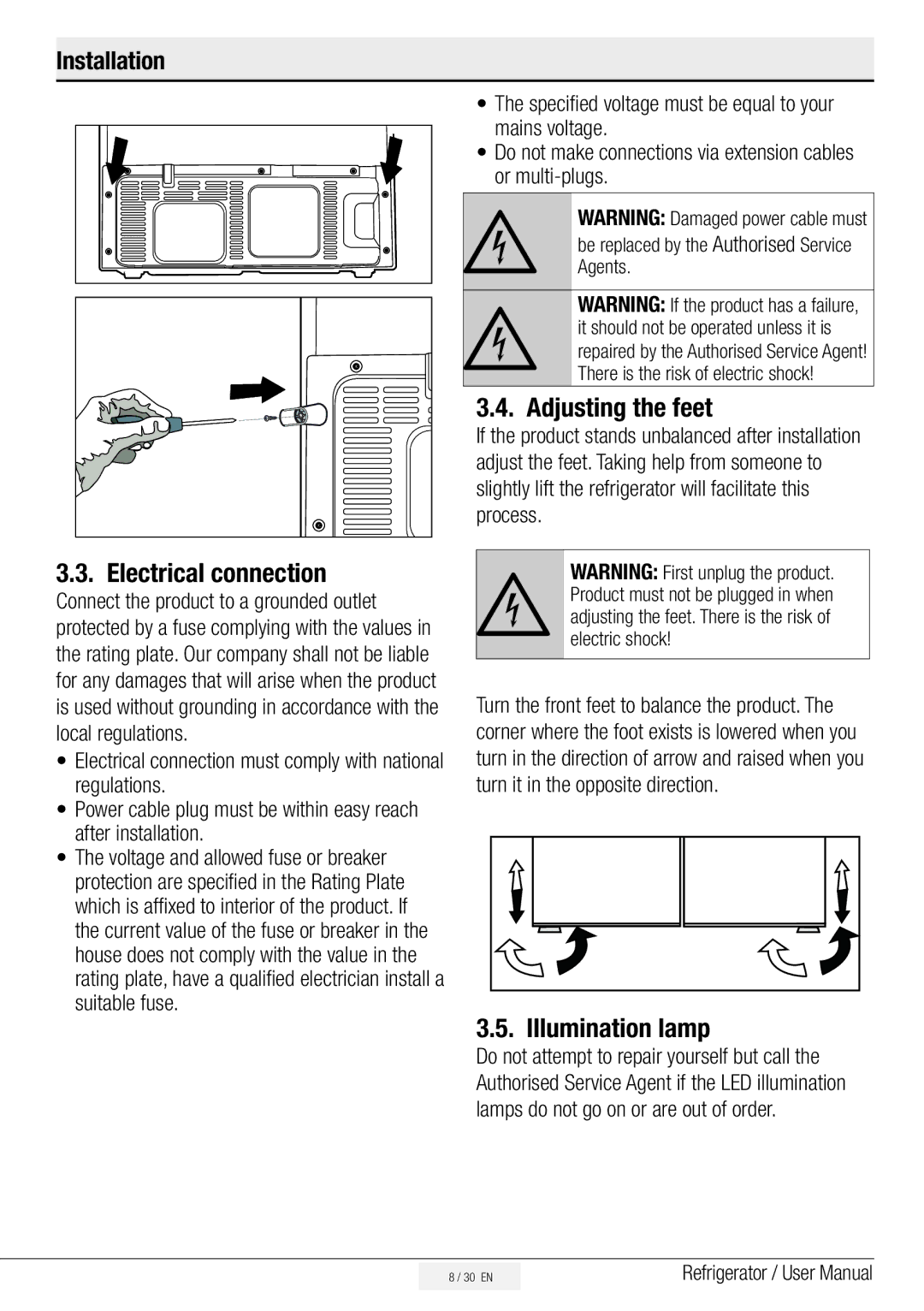 Beko ASP341S, ASN541S, ASN541B, ASP341B, ASN541X manual Electrical connection, Adjusting the feet, Illumination lamp 