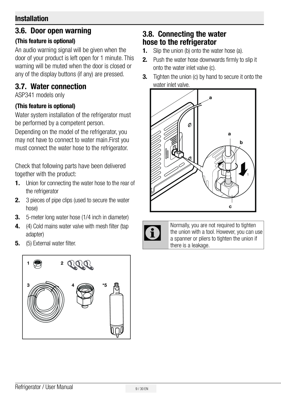 Beko ASN541S, ASN541B Door open warning, Water connection, Connecting the water hose to the refrigerator, Installation 
