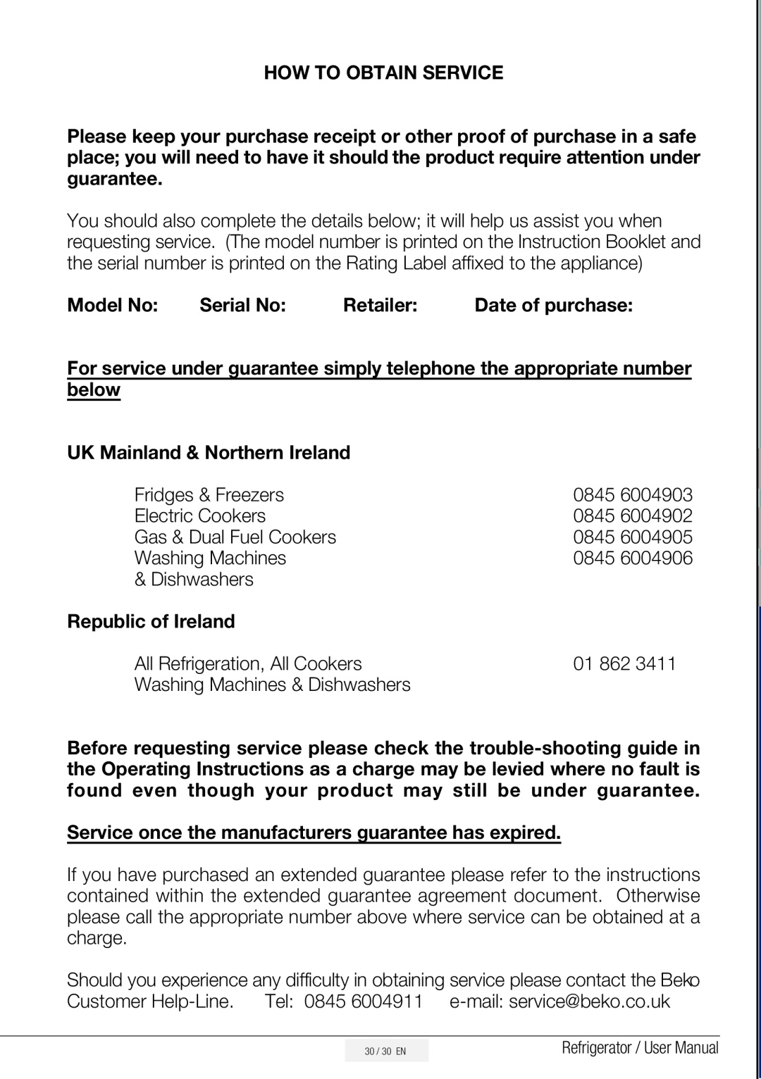 Beko ASN541B How To Obtain Service, Model No Serial No Retailer Date of purchase, below, UK Mainland & Northern Ireland 