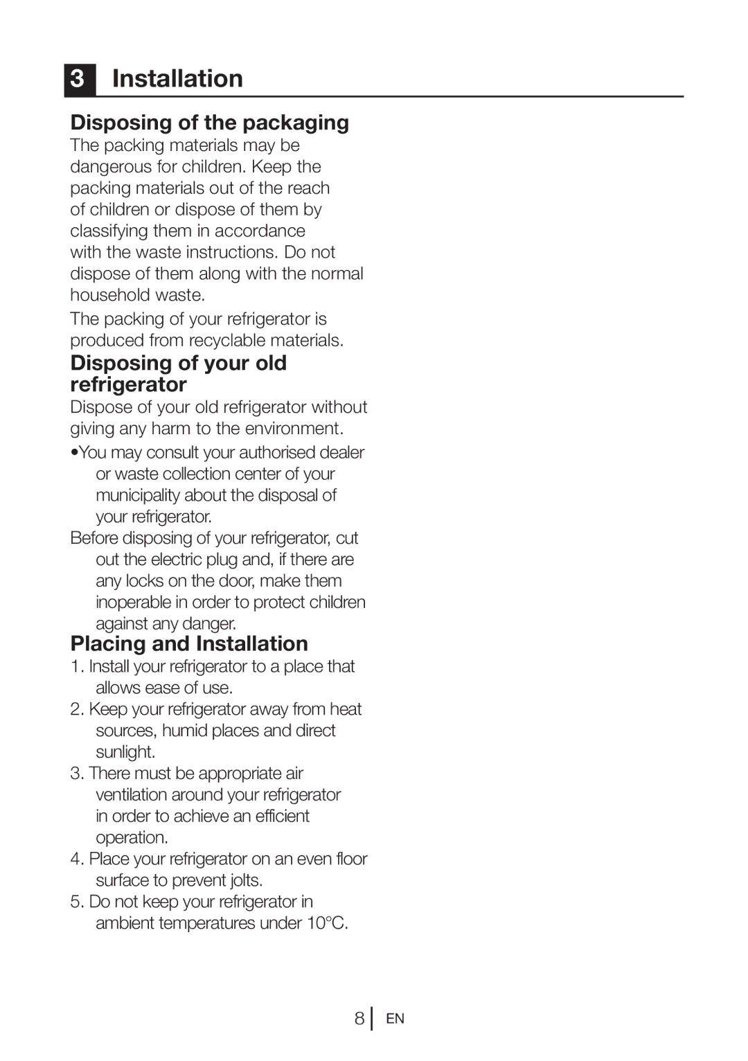 Beko BC502 manual Disposing of the packaging, Disposing of your old refrigerator, Placing and Installation 