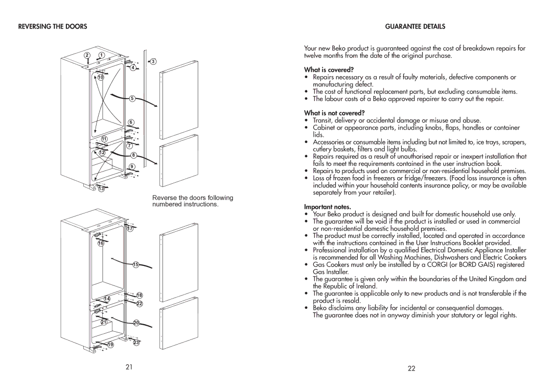 Beko BC50F manual Reversing the Doors Guarantee Details, Reverse the doors following numbered instructions 