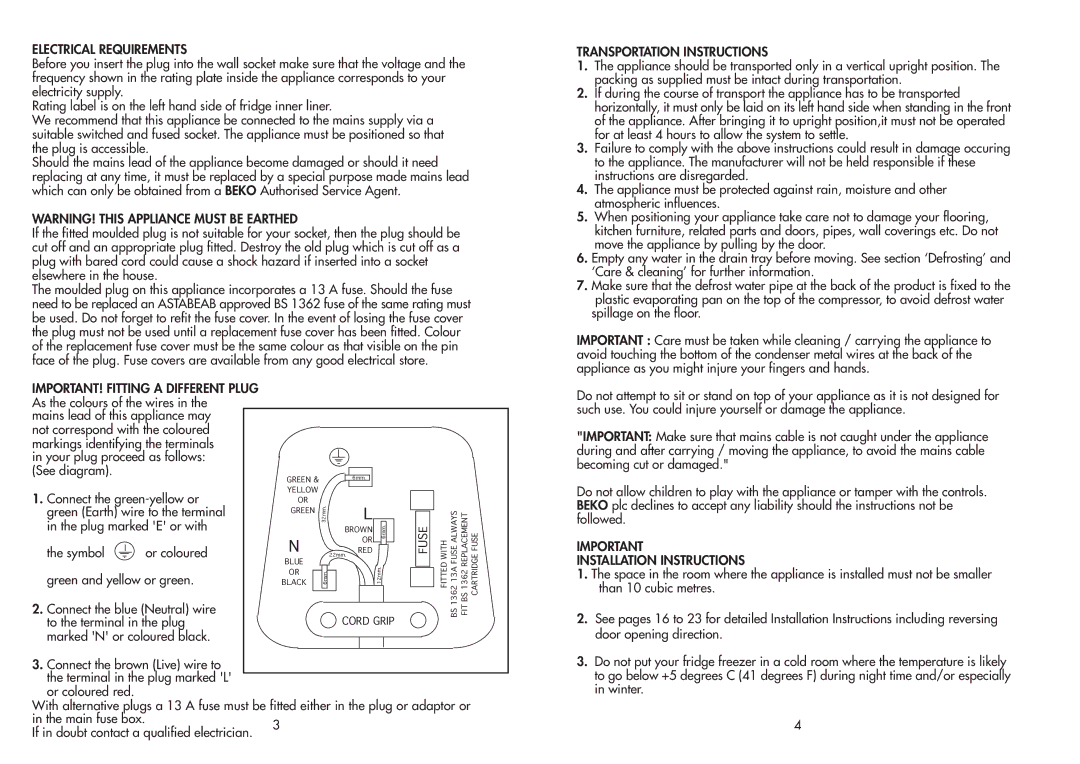 Beko BC50F manual Electrical Requirements, Installation Instructions 