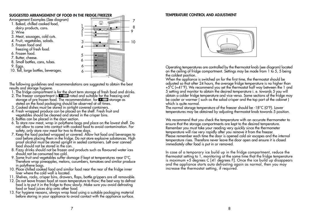 Beko BC50F manual Suggested Arrangement of Food in the FRIDGE/FREEZER, Temperature Control and Adjustment 