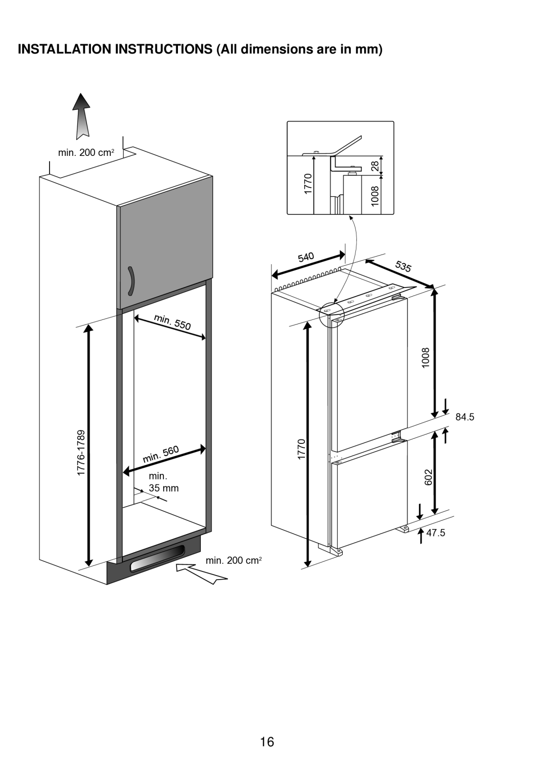 Beko BC73 F manual Installation Instructions All dimensions are in mm 