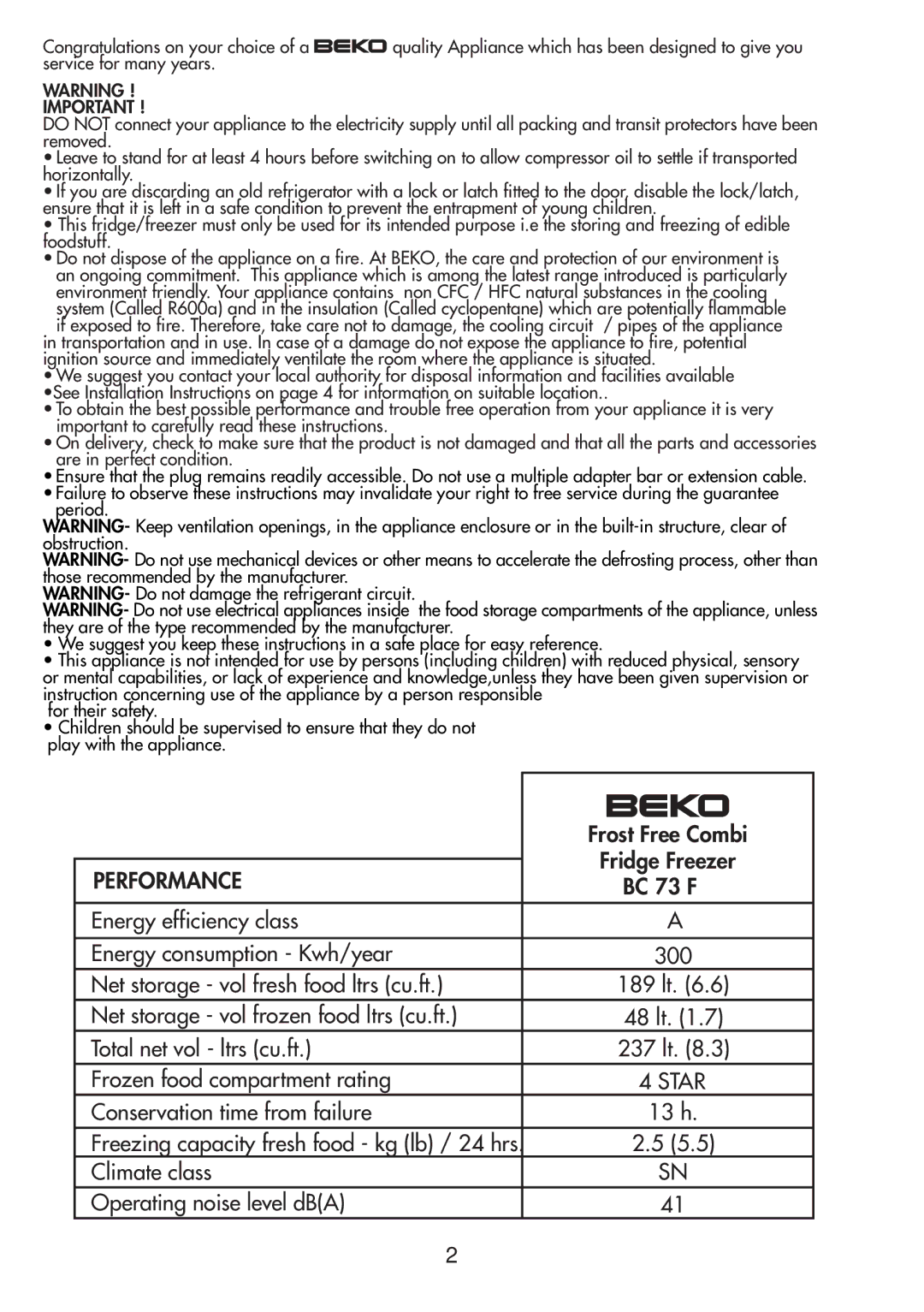 Beko BC73 F manual Performance 