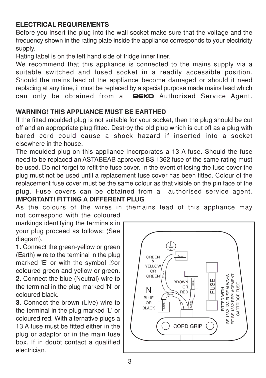Beko BC73 F manual Electrical Requirements, IMPORTANT! Fitting a Different Plug 