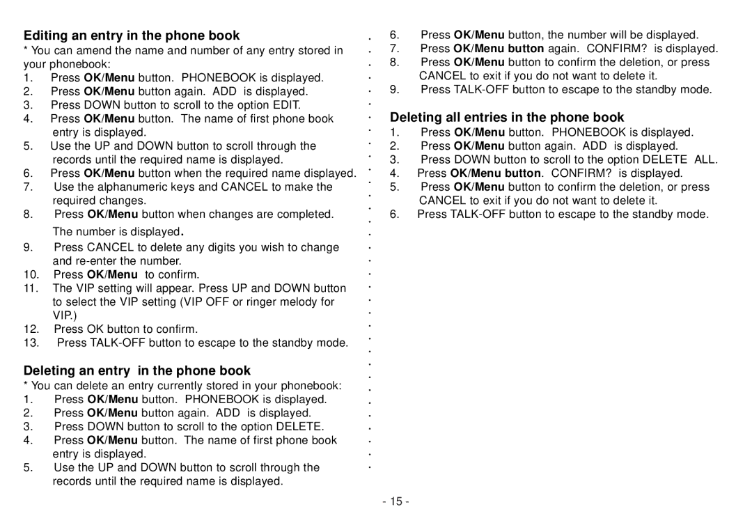 Beko BD 220 user manual Editing an entry in the phone book, Deleting an entry in the phone book 