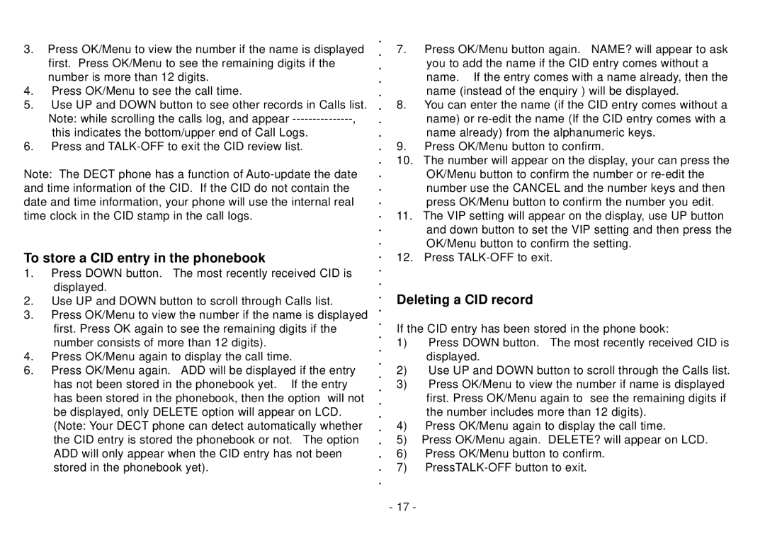 Beko BD 220 user manual To store a CID entry in the phonebook, Deleting a CID record 