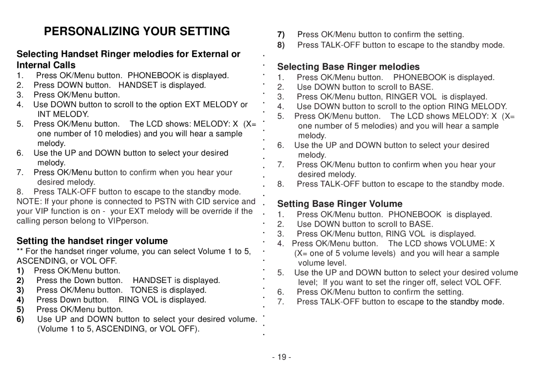 Beko BD 220 user manual Personalizing Your Setting, Setting the handset ringer volume, Selecting Base Ringer melodies 