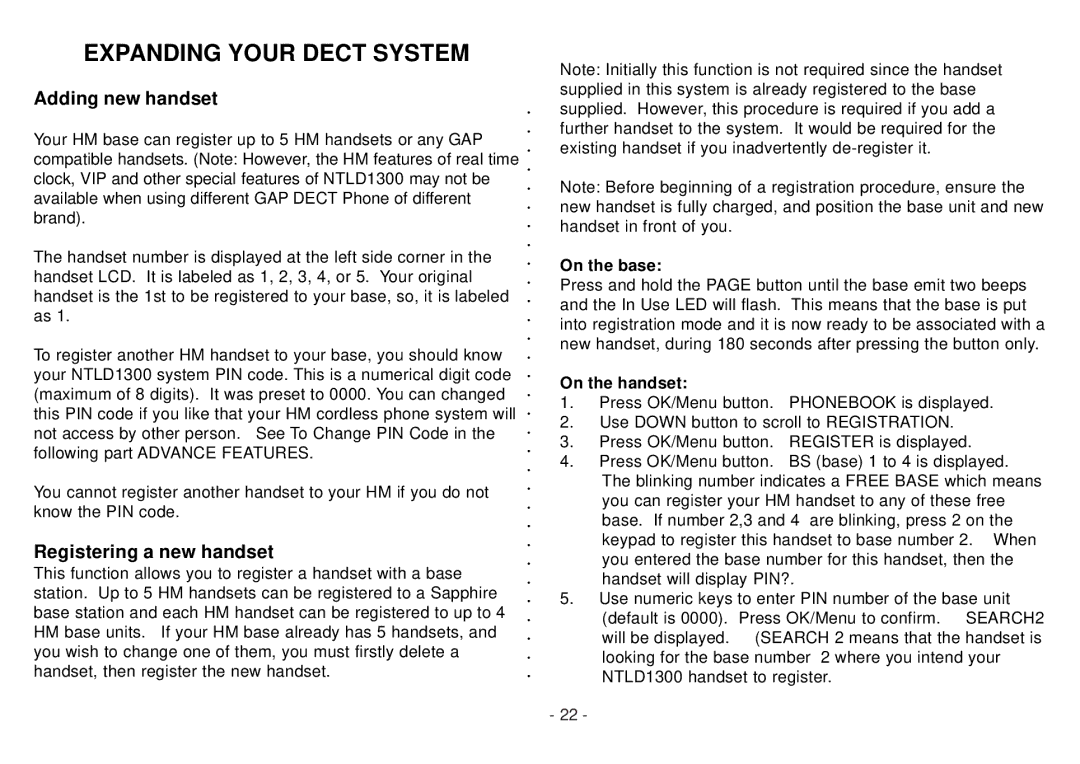 Beko BD 220 Expanding Your Dect System, Adding new handset, Registering a new handset, On the base, On the handset 