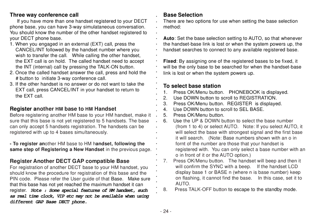 Beko BD 220 Three way conference call, Register another HM base to HM Handset, Register Another Dect GAP compatible Base 