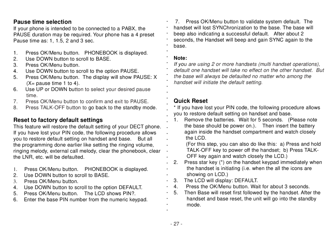 Beko BD 220 user manual Pause time selection, Reset to factory default settings, Quick Reset 