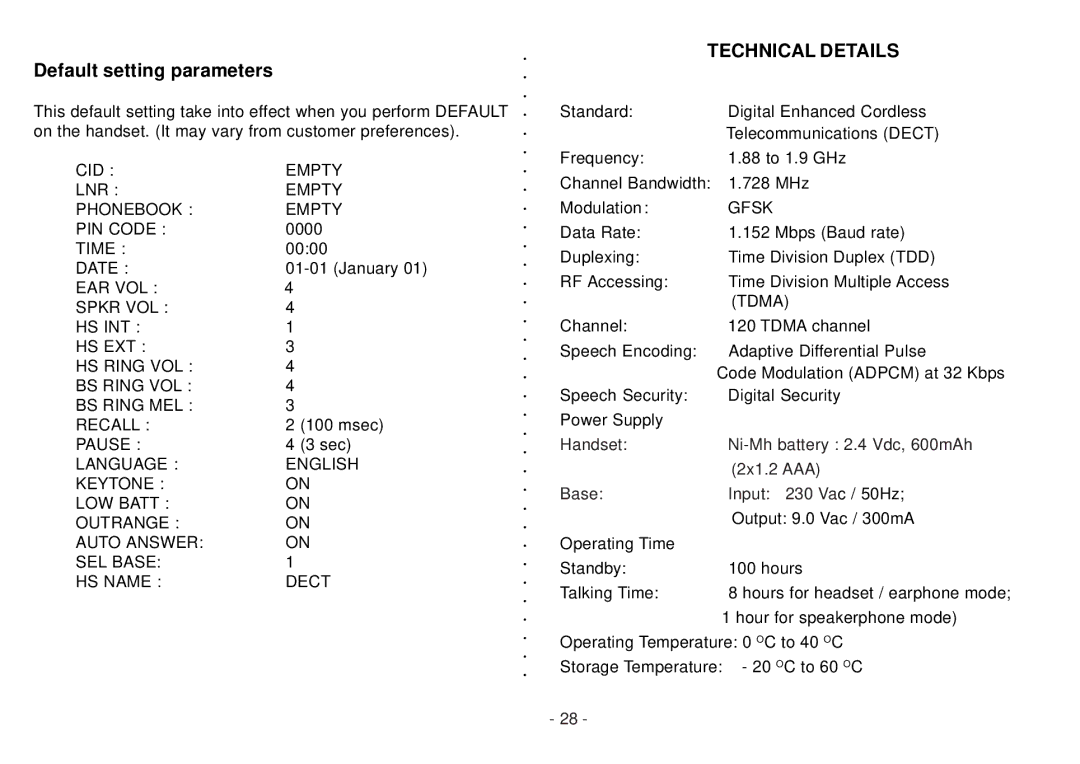 Beko BD 220 user manual Default setting parameters, Technical Details 