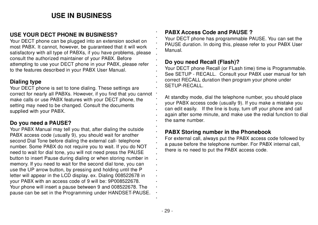 Beko BD 220 USE in Business, Dialing type, Do you need a PAUSE?, Pabx Access Code and Pause ? Do you need Recall Flash? 