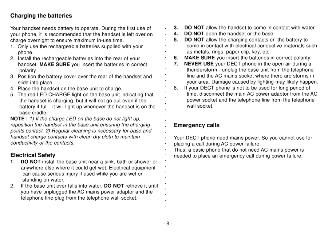 Beko BD 220 user manual Charging the batteries, Electrical Safety, Emergency calls 