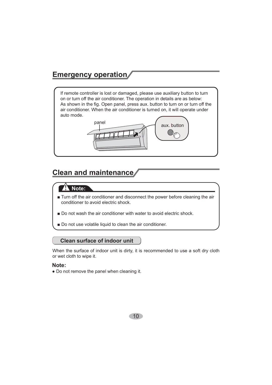 Beko BK 6300, BK 5200 Emergency operation, Clean and maintenance, Clean surface of indoor unit, Panel Aux. button 