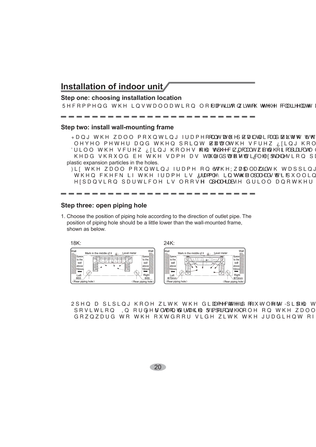 Beko BK 6300 Installation of indoor unit, Step one choosing installation location, Step two install wall-mounting frame 