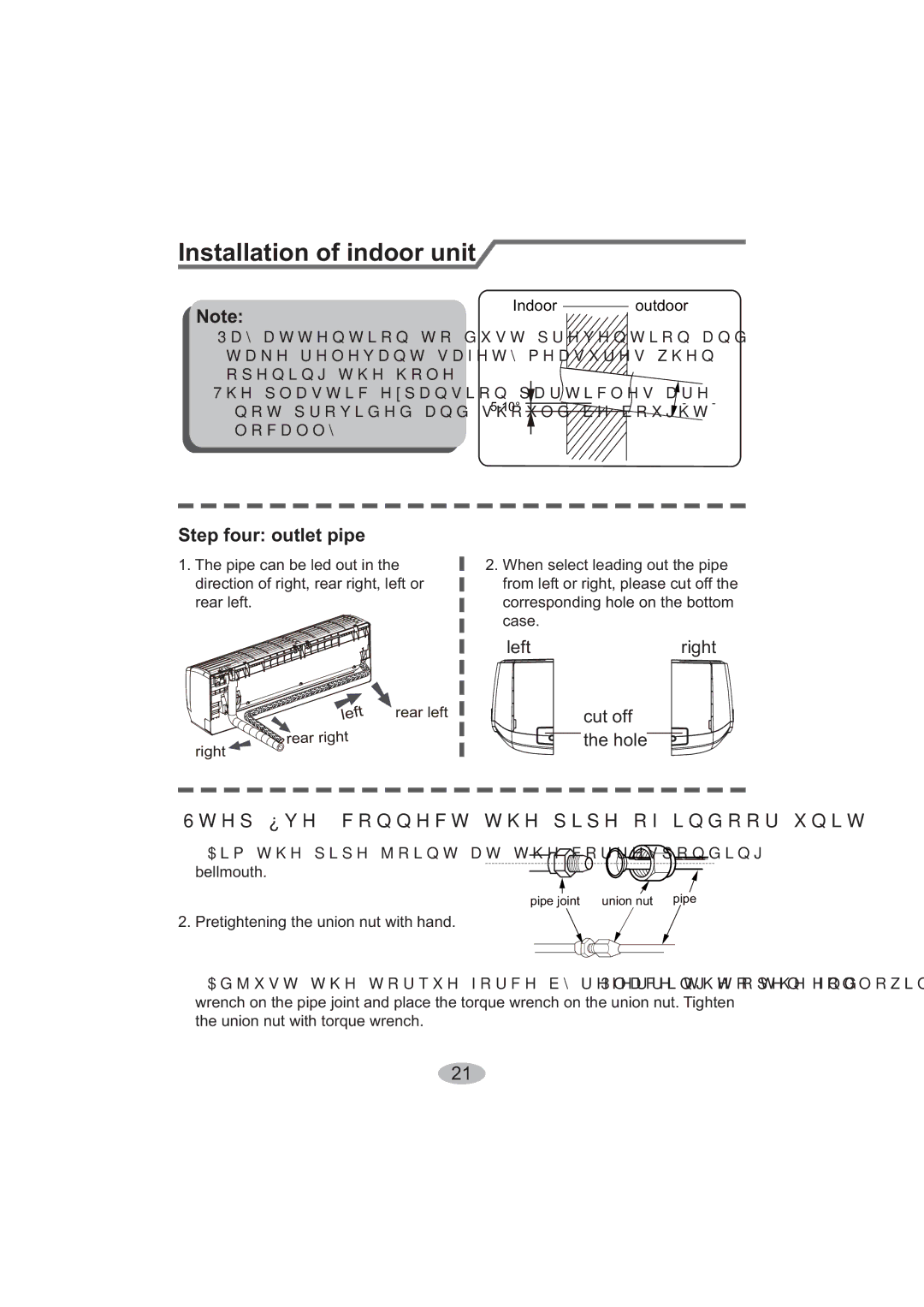 Beko BK 5200, BK 6300 Step four outlet pipe, RshqlqjWkhKroh, Orfdoo\, Pretightening the union nut with hand 