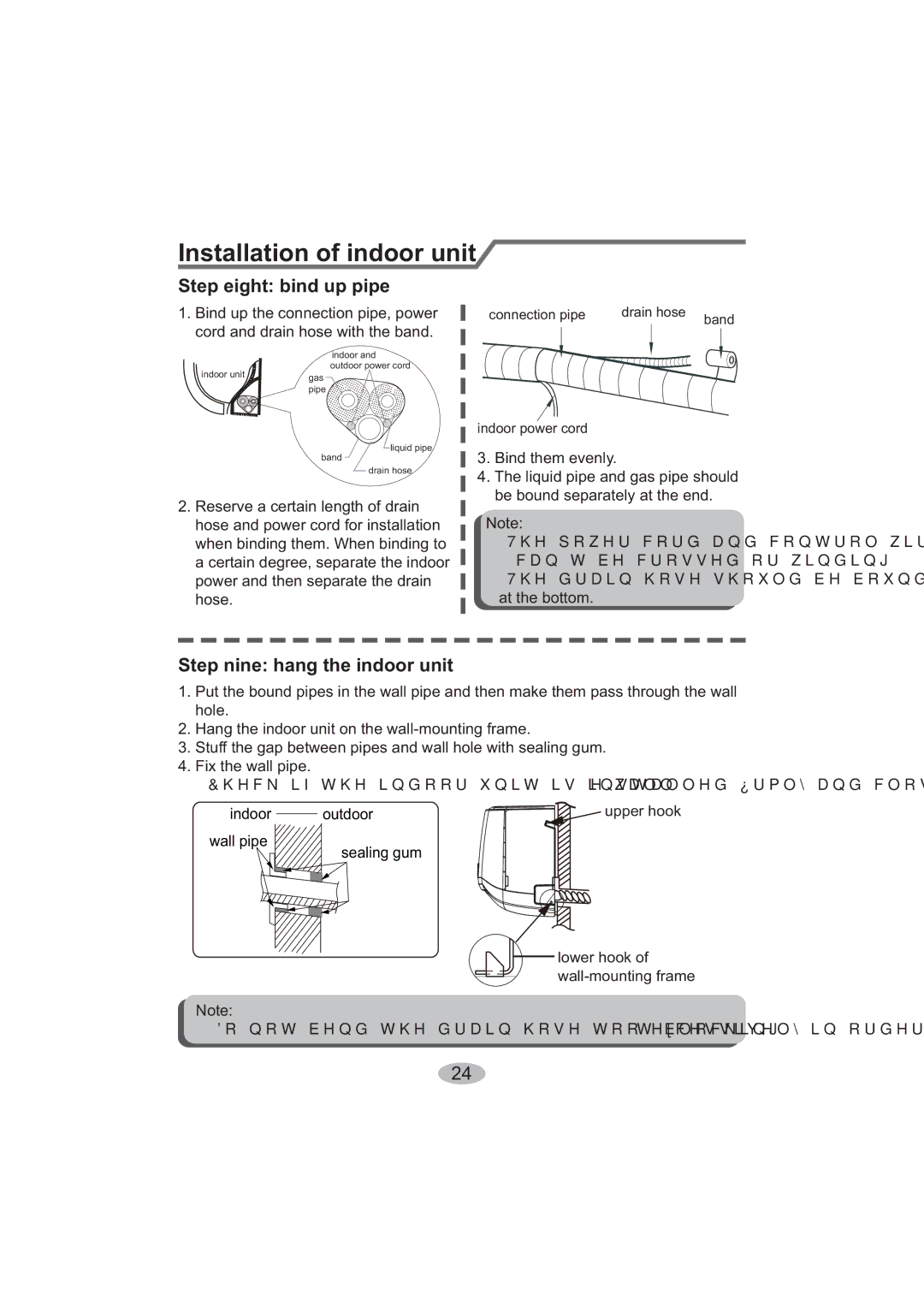 Beko BK 6300 Step eight bind up pipe, Step nine hang the indoor unit, Upper hook, Lower hook of wall-mounting frame 