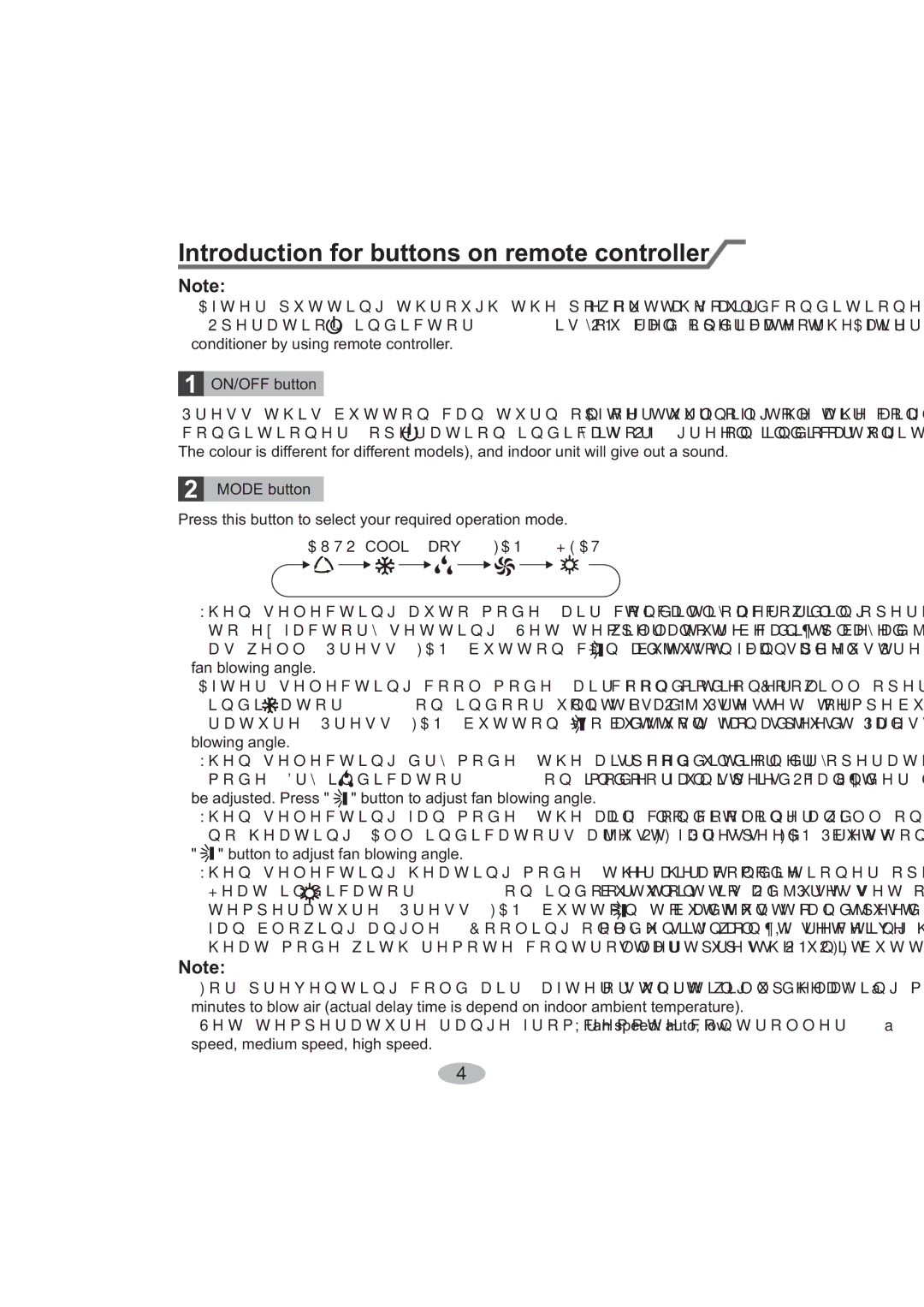 Beko BK 6300, BK 5200 user manual Introduction for buttons on remote controller, Button to adjust fan blowing angle 