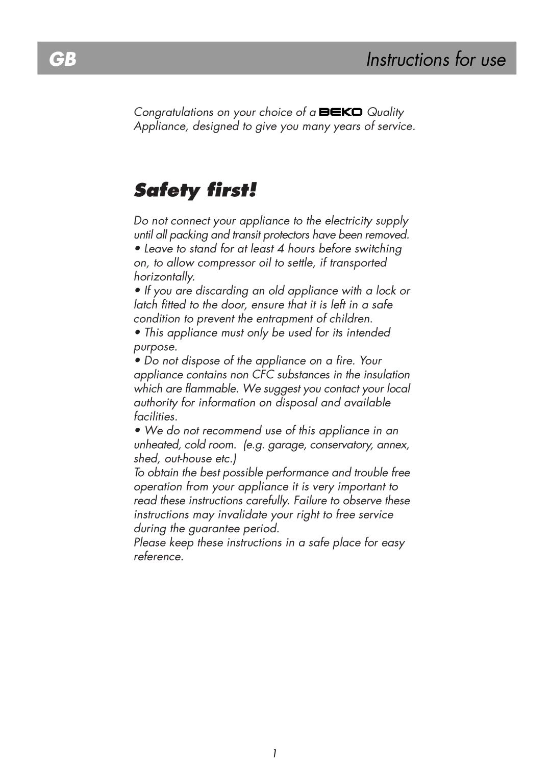 Beko BK 7671 LD PLUS manual Safety first 