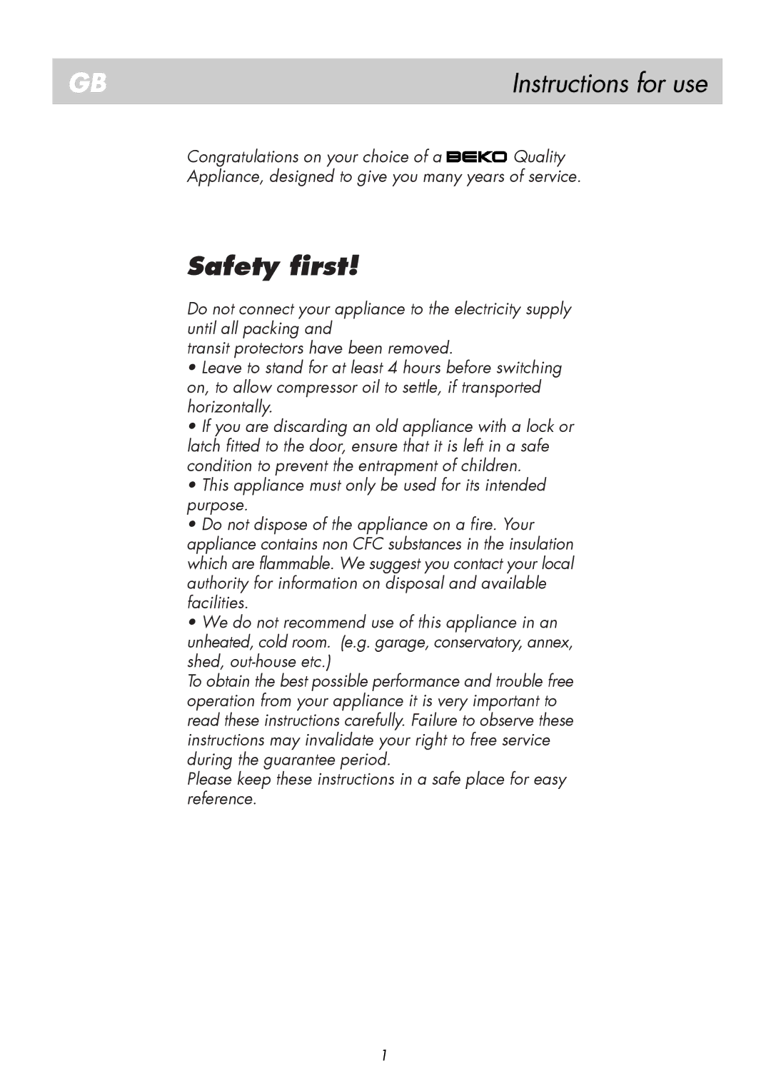 Beko BK 8182 manual Safety first 