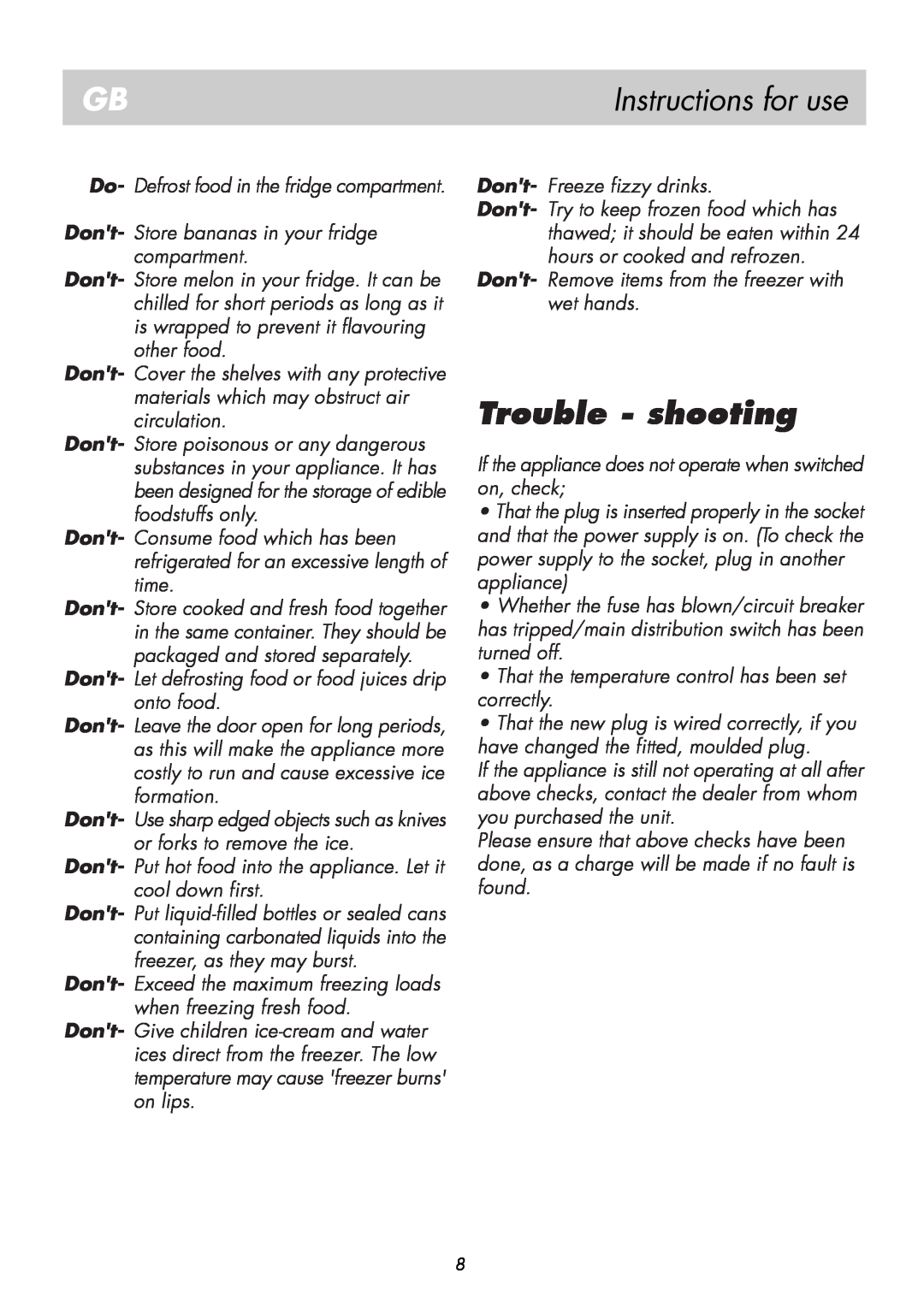 Beko BK 8182 manual Trouble - shooting, Instructions for use 