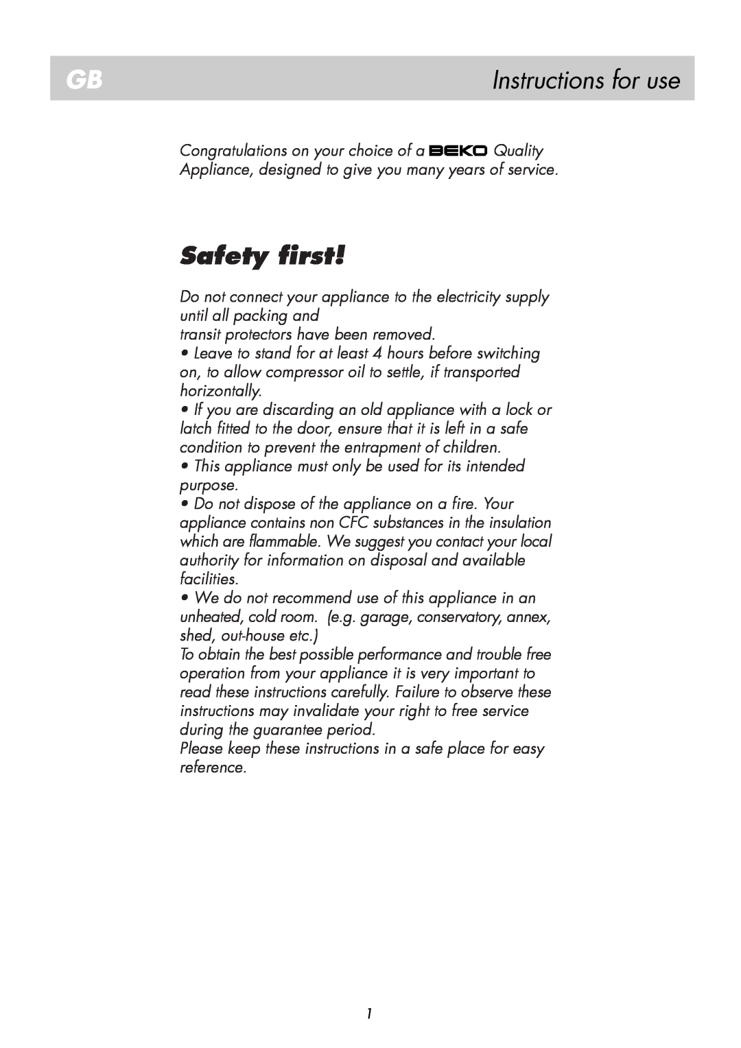 Beko BK 8182 manual Safety first, Instructions for use 