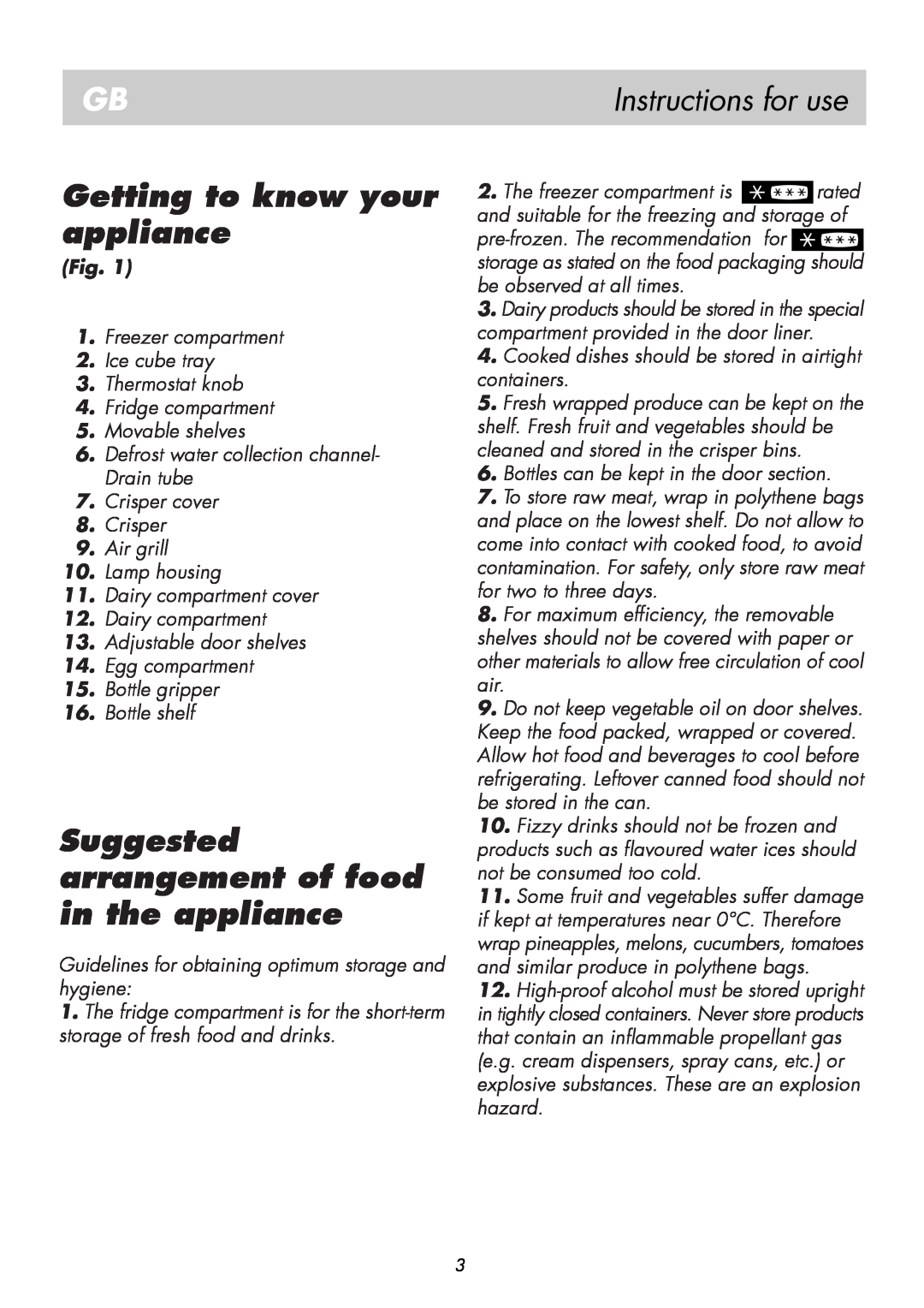 Beko BK 8182 manual Getting to know your appliance, Suggested arrangement of food in the appliance, Instructions for use 