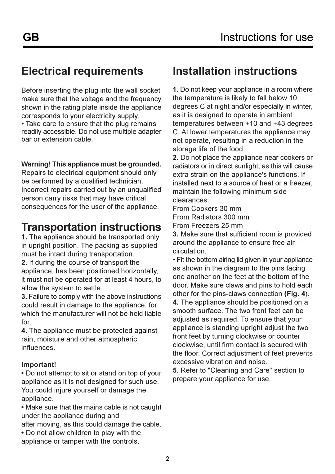 Beko BK 9550 NF manual Electrical requirements, Transportation instructions, Installation instructions 