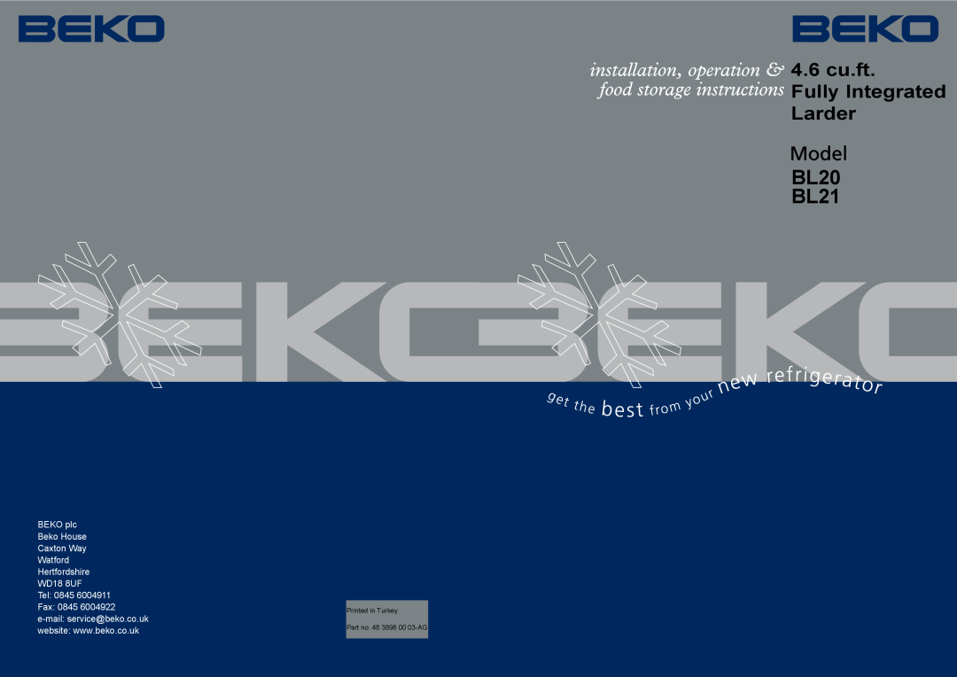 Beko manual BL20 BL21, 4.6 cu.ft Fully Integrated Larder 