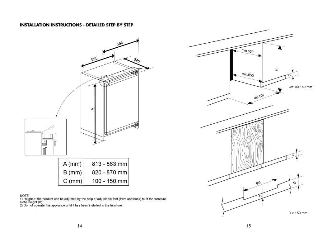 Beko BL21 Installation Instructions - Detailed Step By Step, A mm, 813 - 863 mm, B mm, 820 - 870 mm, C mm, 100 - 150 mm 
