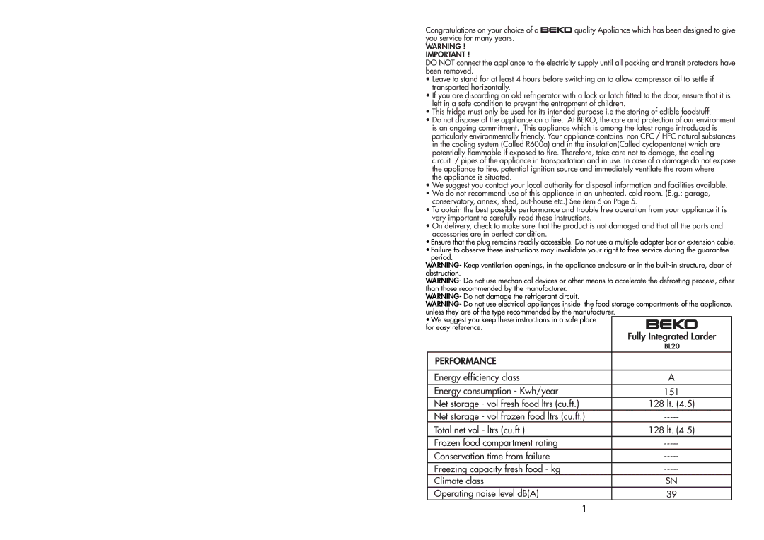 Beko BL20 manual Performance 