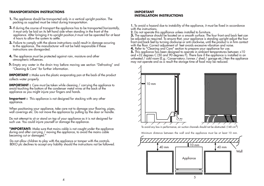 Beko BL20 manual Transportation Instructions, Installation Instructions 