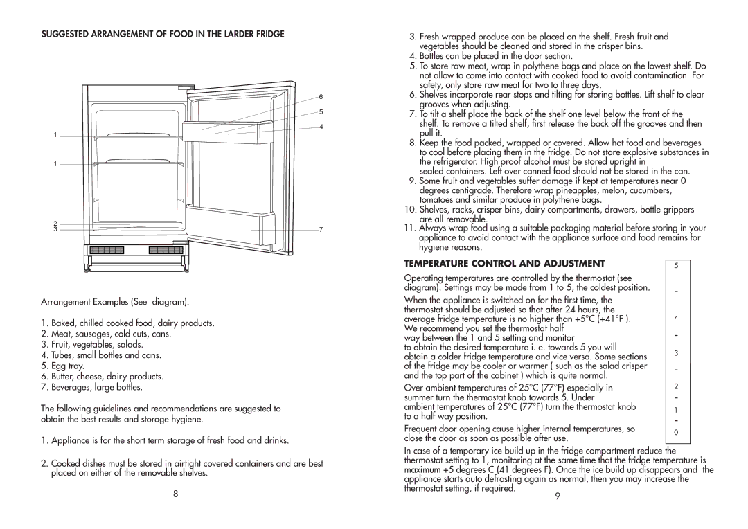 Beko BL20 manual Suggested Arrangement of Food in the Larder Fridge, Temperature Control and Adjustment 