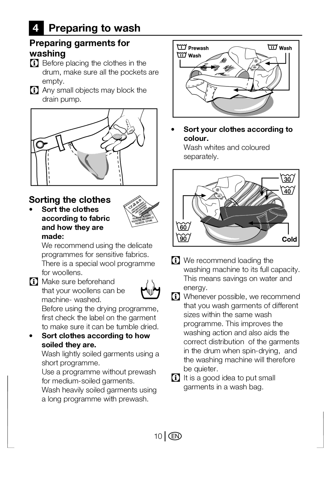 Beko BWD 6421 manual Preparing to wash, Preparing garments for washing, Sorting the clothes 