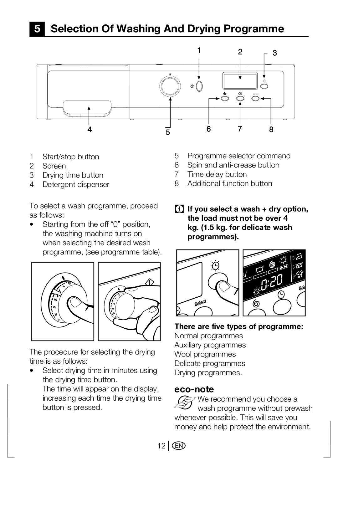 Beko BWD 6421 manual Selection Of Washing And Drying Programme 