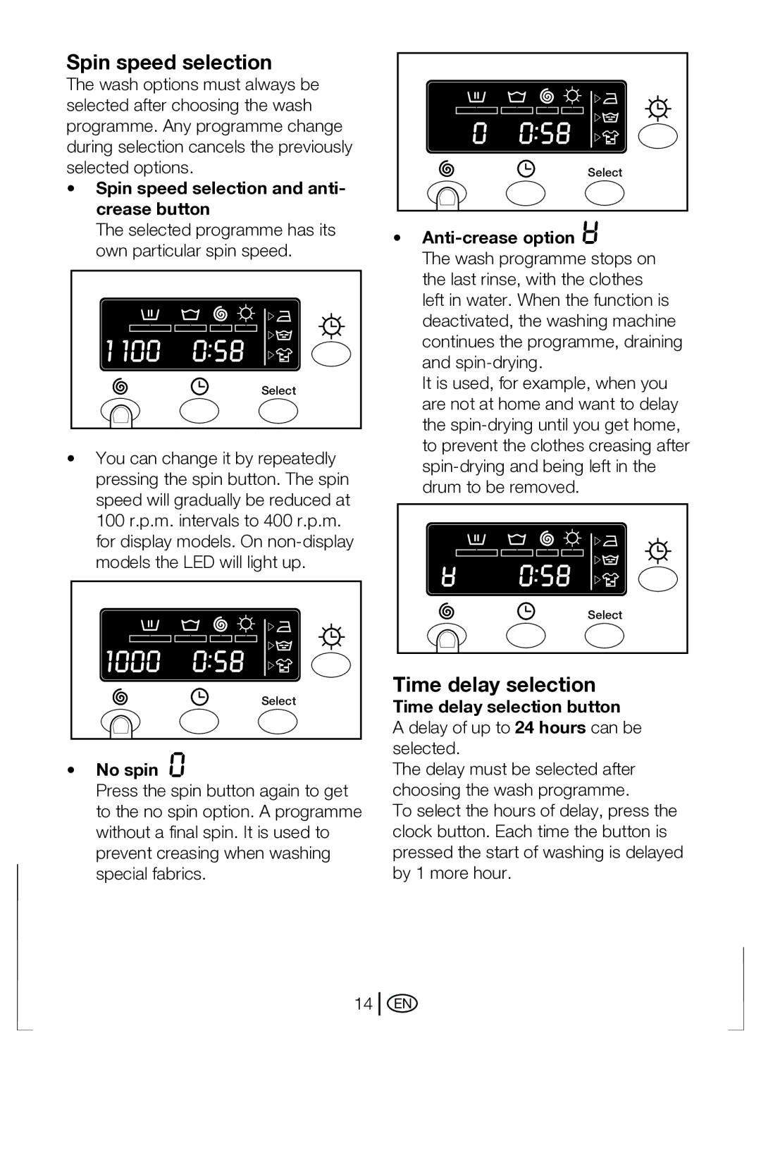 Beko BWD 6421 manual Spin speed selection, Time delay selection 