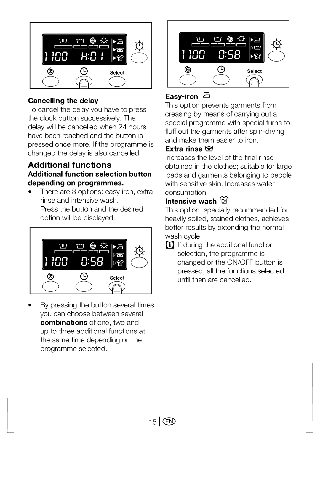 Beko BWD 6421 manual Additional functions, Cancelling the delay, Easy-iron, Extra rinse, Intensive wash 