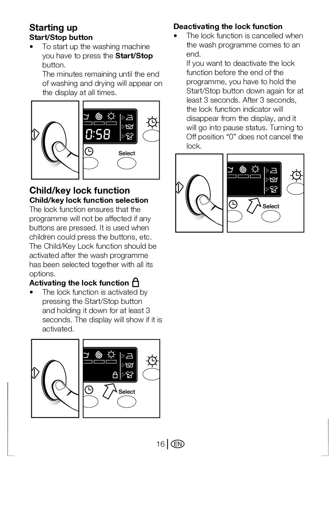 Beko BWD 6421 manual Starting up, Child/key lock function, Start/Stop button, Deactivating the lock function 