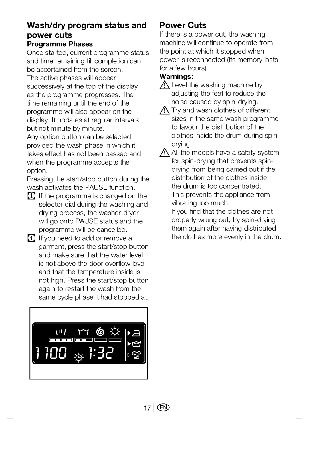 Beko BWD 6421 manual Wash/dry program status and power cuts, Power Cuts, Programme Phases 