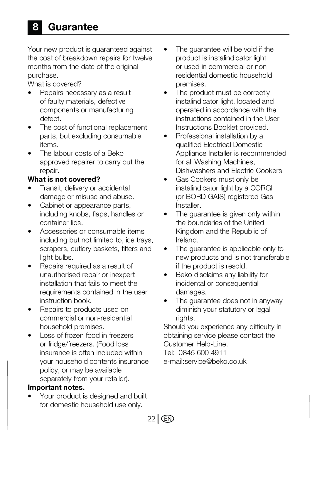 Beko BWD 6421 manual Guarantee, What is not covered?, Important notes 